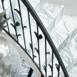 Arabescato Corchia white marble stone flooring staircase. Landford Stone, Hampshire.