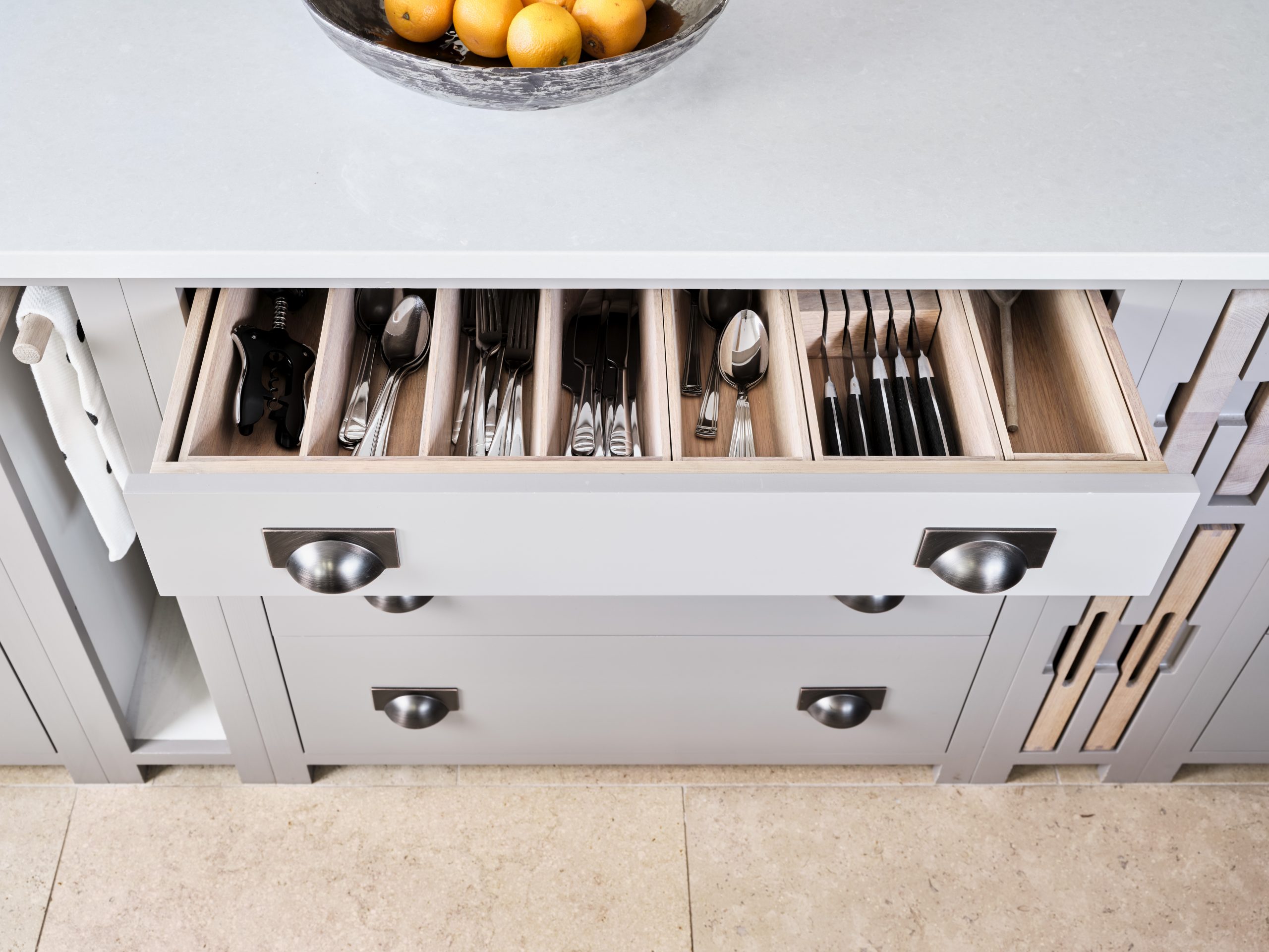 Ben Heath Headley Farm cutlery drawer and with Landford Stone worktop