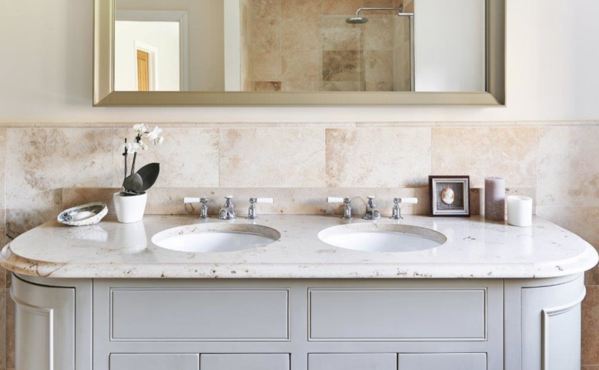 Jura Blue Grey Limestone Bathroom. Supplied by Landford Stone, Wiltshire.