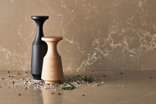 Salt and pepper shaker against a caesarstone quartz worktop background