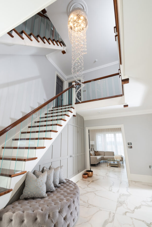 TECHLAM Kalos Bianco Marble corridor. Landford Stone, Wiltshire.