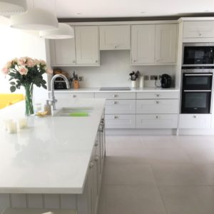 Teltos Quartz Bianco Stardust Kitchen. Supplied by Landford Stone, UK.