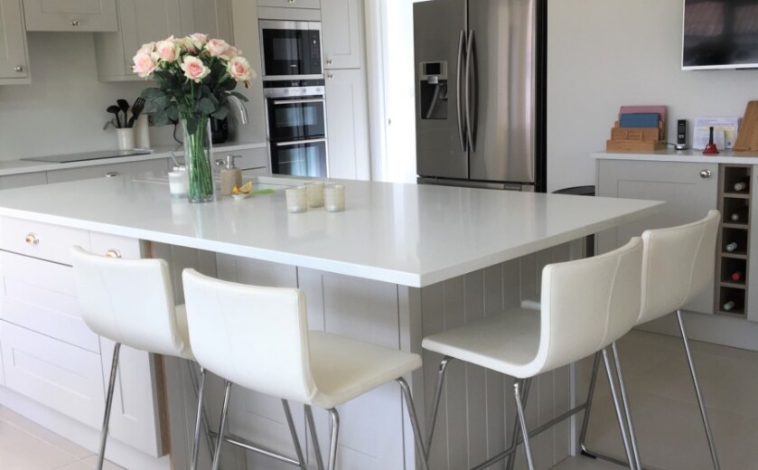 Teltos Quartz Bianco Stardust Kitchen. Supplied by Landford Stone, UK.